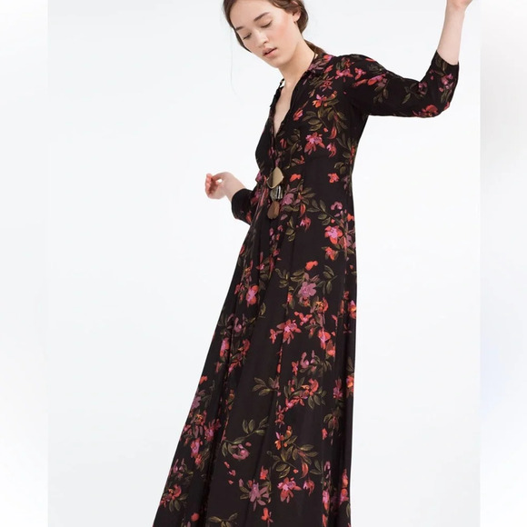 Zara Floral Black Maxi Dress Button Front 3/4 Sleeve XS - Picture 2 of 12
